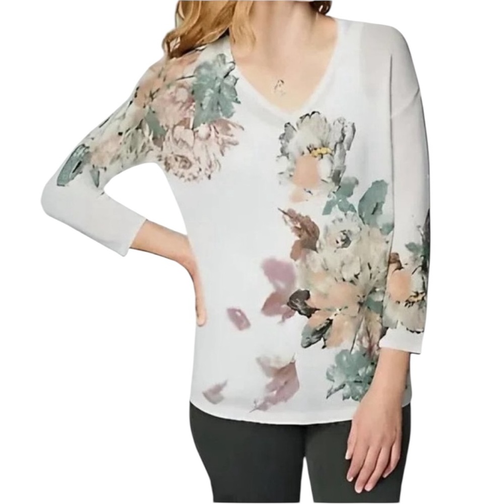 J. Jill | Like new floral sheer knit v-neck blouse